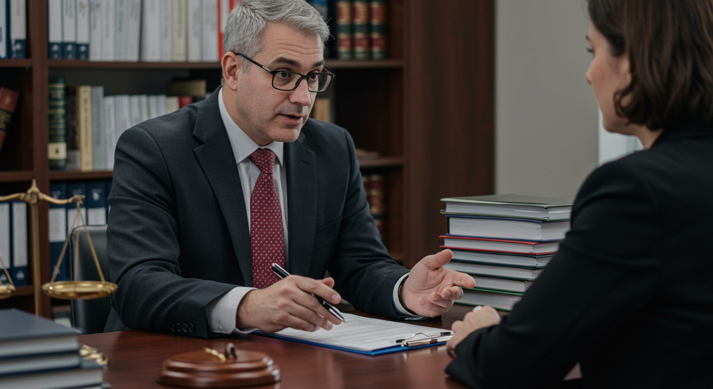 A local personal injury attorney in a professional setting, discussing a case with a client in an office filled with legal books and documents.
