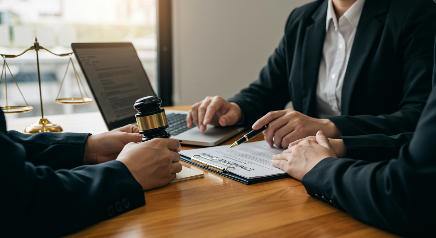A lawyer and a client sitting at a table with a laptop open, discussing legal options. The scene captures a moment of collaboration and support.