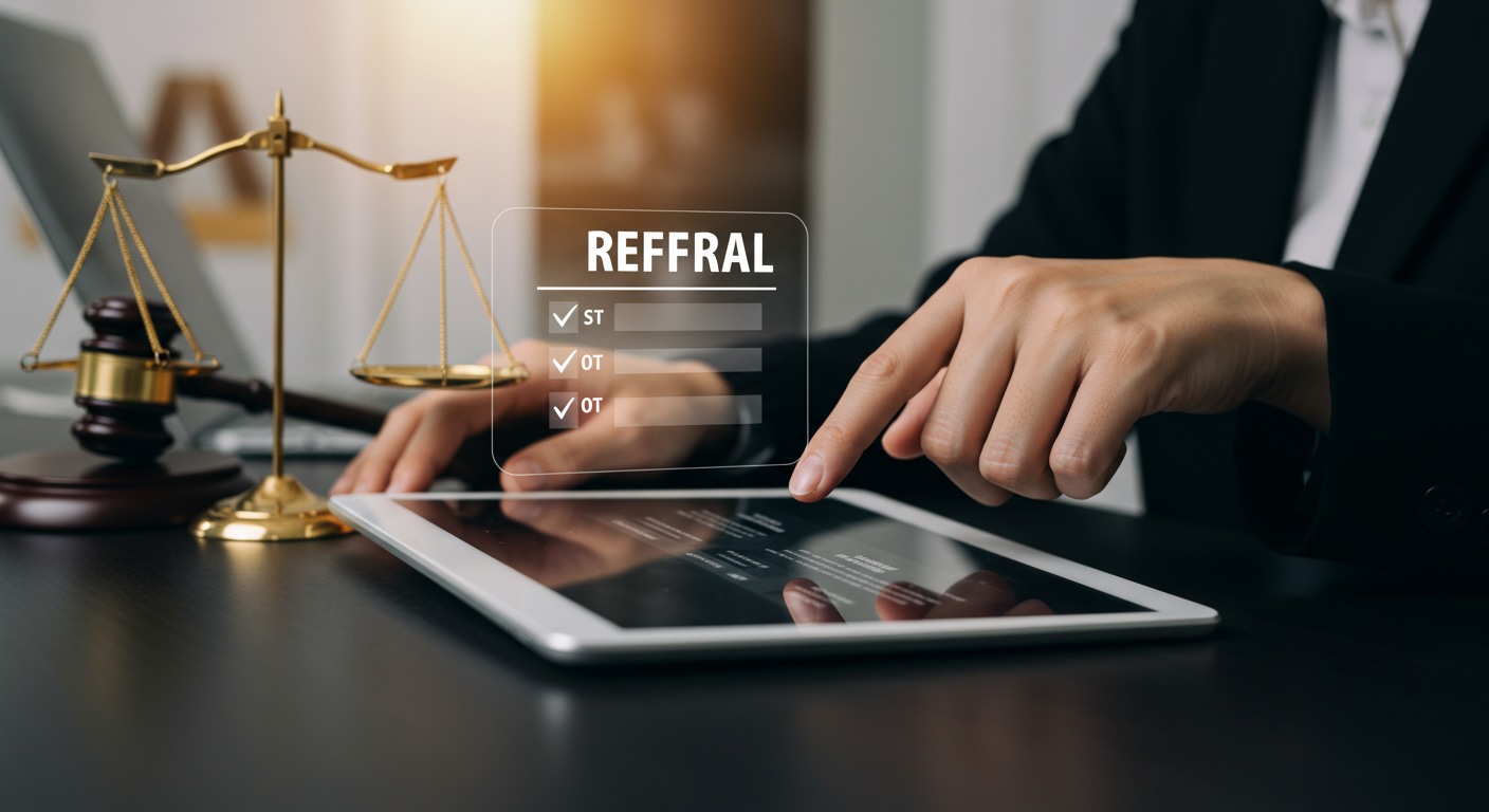 A close-up of a lawyer's hand pointing to a referral list on a digital tablet, with a blurred background of a law office. This represents the process of finding the right lawyer through referrals.
