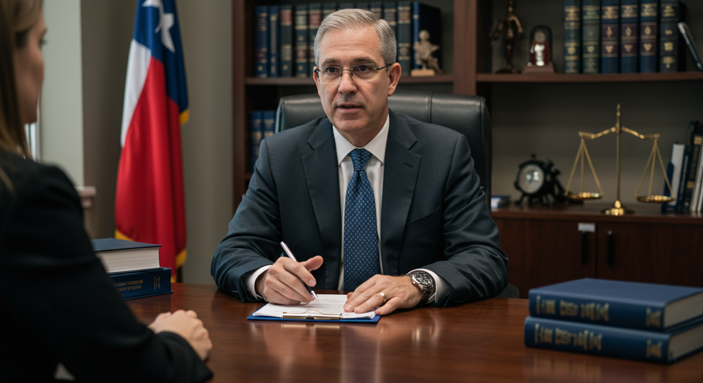 A professional lawyer sitting at a desk, engaging in a serious conversation with a client. The office is well-furnished, with legal books and a Texas flag in the background, symbolizing local representation.