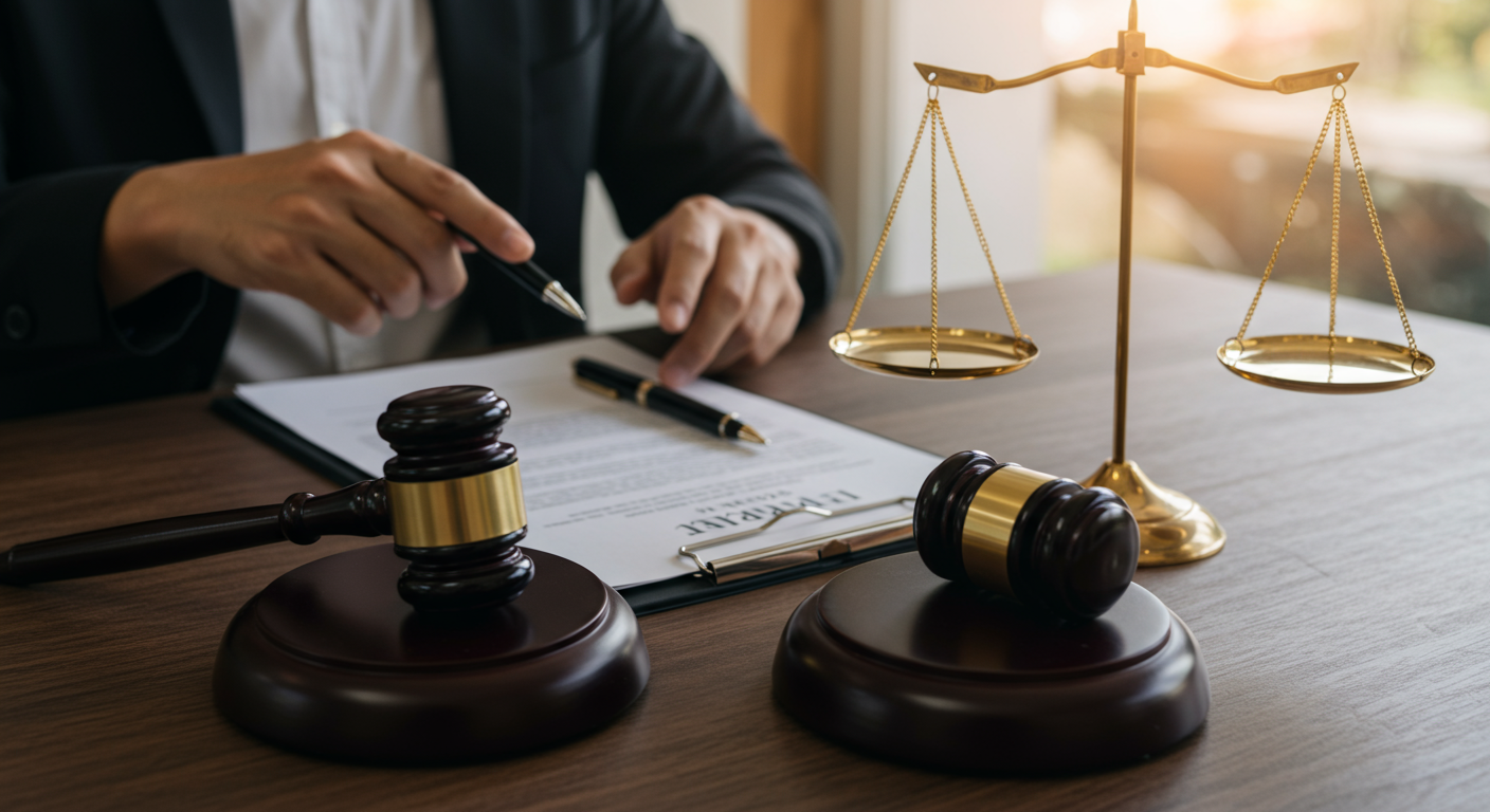 A flat lay of legal documents, a gavel, and a scale of justice on a desk. This image conveys the legal aspect of automobile accidents, emphasizing the importance of documentation and representation.