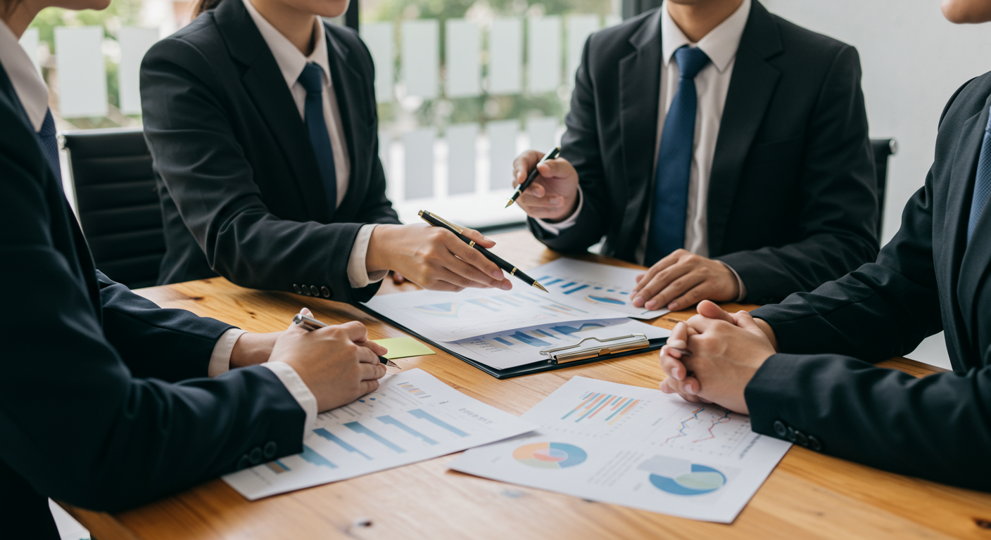 A group of legal professionals discussing a case with a client in a modern office. The image captures a collaborative atmosphere, with charts and documents spread out on the table.