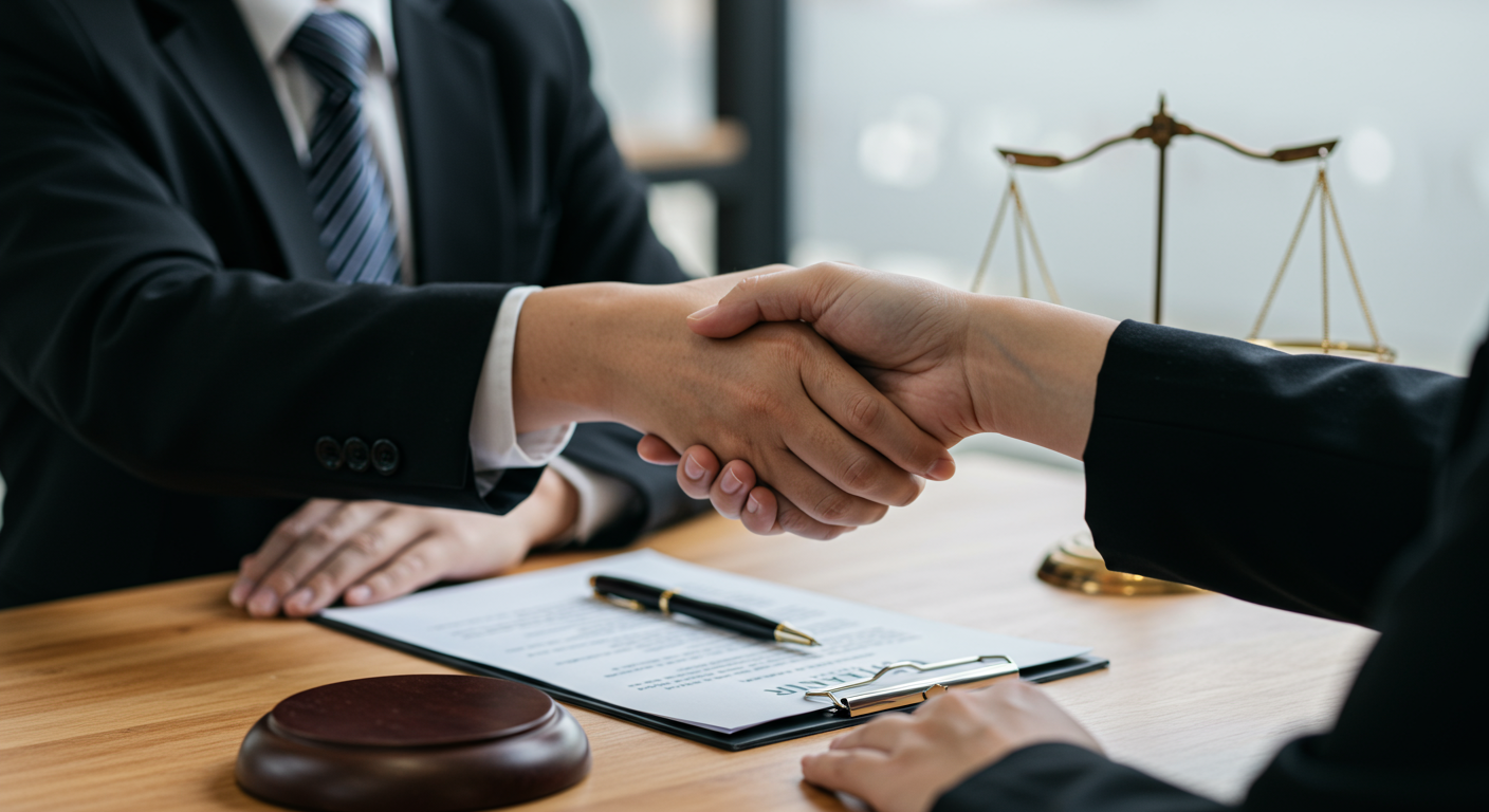 A close-up of a lawyer and a client shaking hands after a successful consultation. The background is softly blurred to emphasize the positive interaction and connection between them.