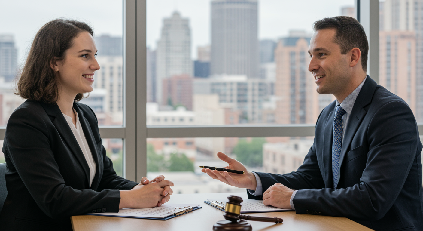 A satisfied client speaking with a lawyer in an office setting, with a Pearland city view in the background. The client looks relieved and happy.