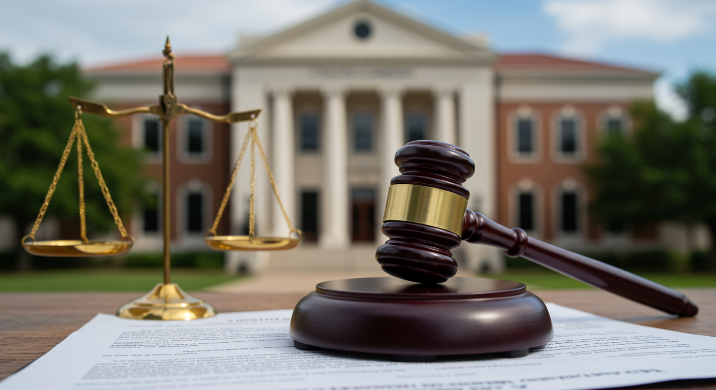 A close-up of a gavel resting on legal documents, with a blurred background of the Port Arthur courthouse. This image symbolizes justice and the legal process.